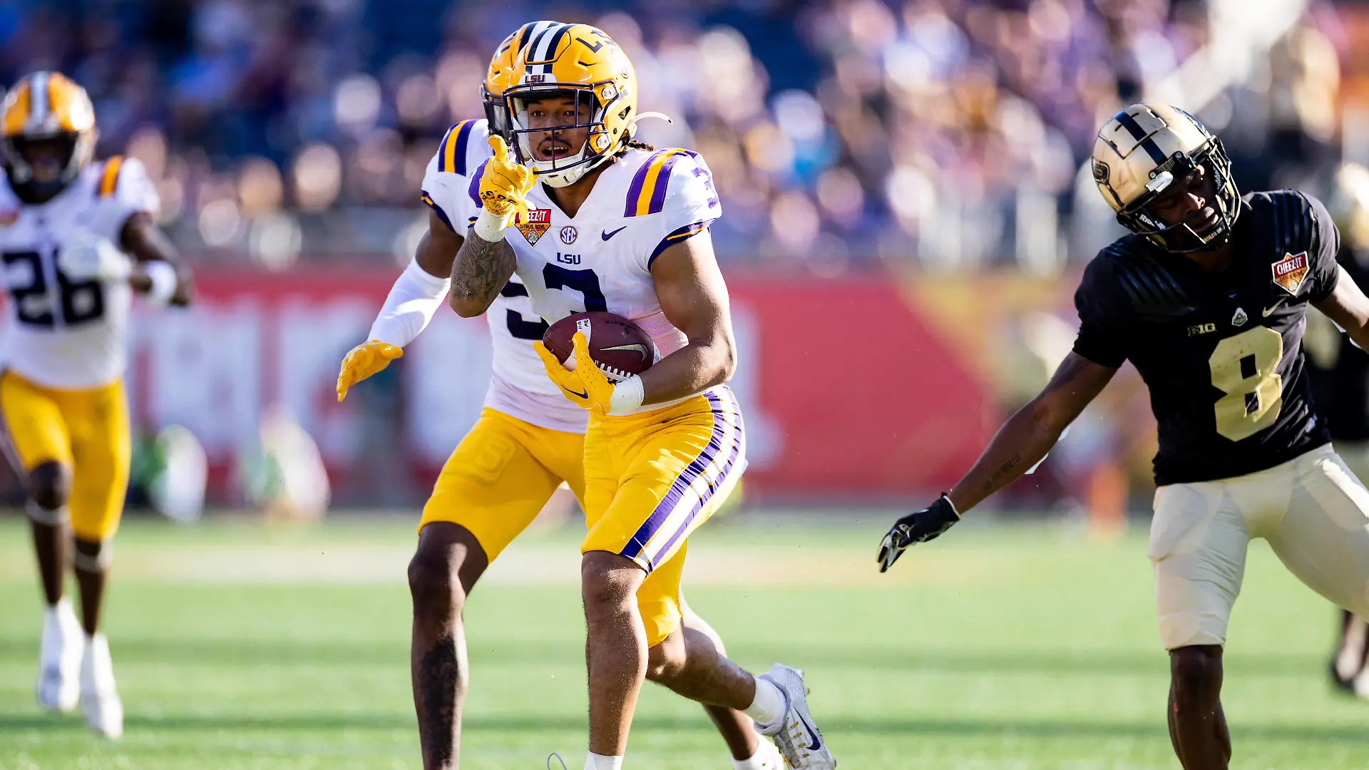 NCAA, College League, USA Football: Citrus Bowl-Purdue at Louisiana State Jan 2, 2023 Orlando, FL, USA LSU Tigers safety Greg Brooks Jr. 3 gestures after an interception during the second half against the Purdue Boilermakers at Camping World Stadium. Orlando Camping World Stadium FL USA, EDITORIAL USE ONLY PUBLICATIONxINxGERxSUIxAUTxONLY Copyright: xMattxPendletonx 20230102_jcd_ee7_0207