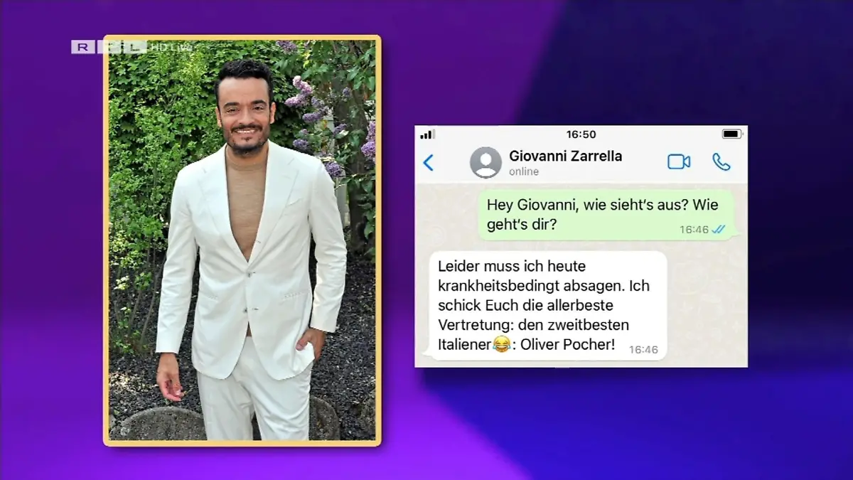Per WhatsApp muss Giovanni Zarrella seine Teilnahme an "Denn sie wissen nicht, was passiert" leider absagen. Aber er sorgt für Ersatz...
