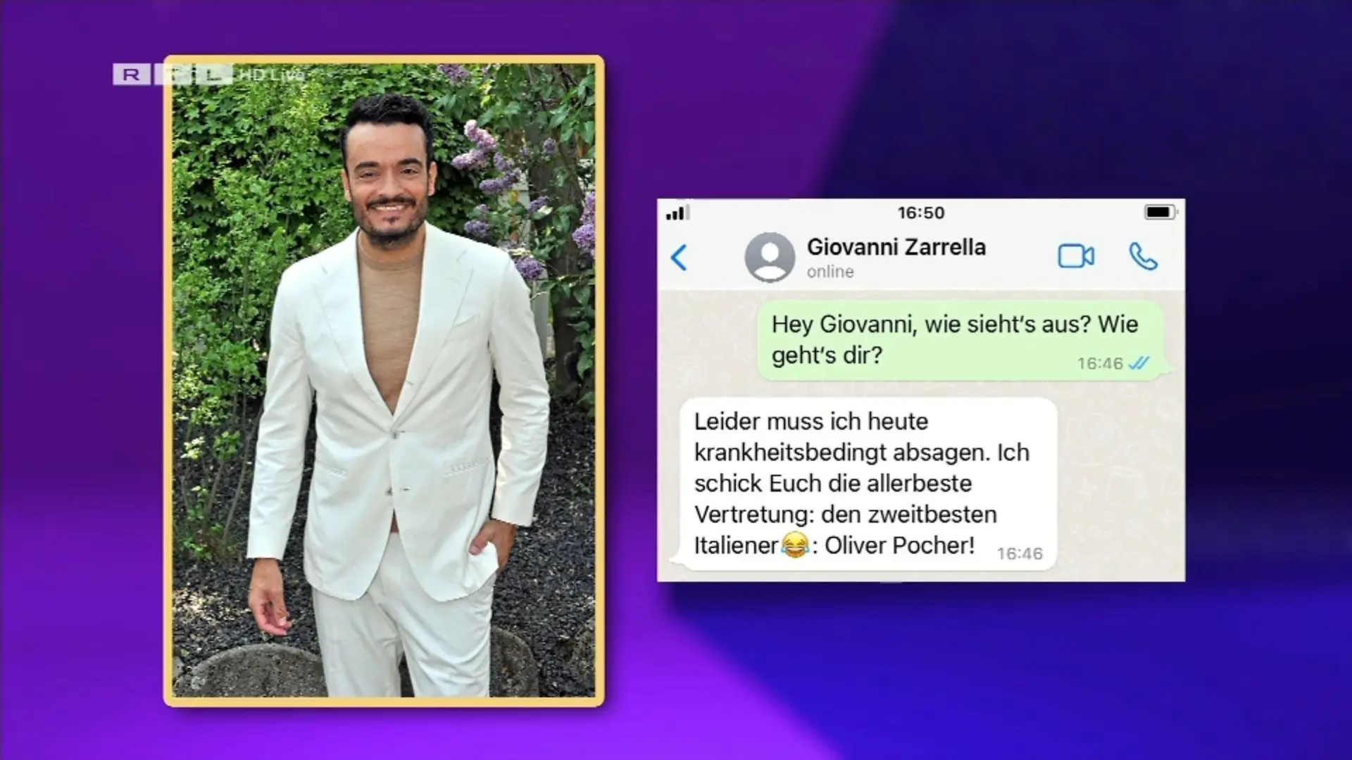 Per WhatsApp muss Giovanni Zarrella seine Teilnahme an "Denn sie wissen nicht, was passiert" leider absagen. Aber er sorgt für Ersatz...