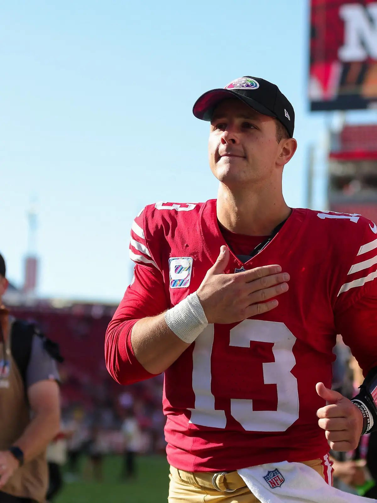 Oct 1, 2023; Santa Clara, California, USA; San Francisco 49ers quarterback Brock Purdy (13) runs off the field after the game against the Arizona Cardinals at Levi's Stadium. Mandatory Credit: Sergio Estrada-USA TODAY Sports