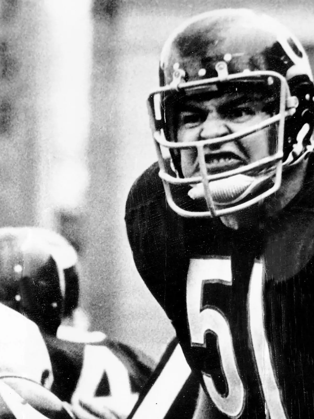 DICK BUTKUS, 80, December 9, 1942 - October 5, 2023 arguably the best linebacker ever to play 51 possess3ed an inner strength, coupled with agility and quickness to cover fastest running backs and large tight ends on the same play. Chicago Bear leader 1965 to 1973, making seven Pro Bowl teams, collecting 22 interceptions and recovering 27 fumbles. Made NFL, American Football Herren, USA Hall of Fame in 1979, his first year of eligibility. Butkus name is synonymous with the violent side of football: fear and intimidation. Also greatness at middle linebacker, and in many ways the NFL itself. FILE PHOTO SHOT ON: Chicago Bears linebacker DICK BUTKUS in action against the Minnesota Vikings, circa late 1960 s. Chicago USA - ZUMAm67_ 20231005_mda_m67_031 Copyright: xStevexLaskerx