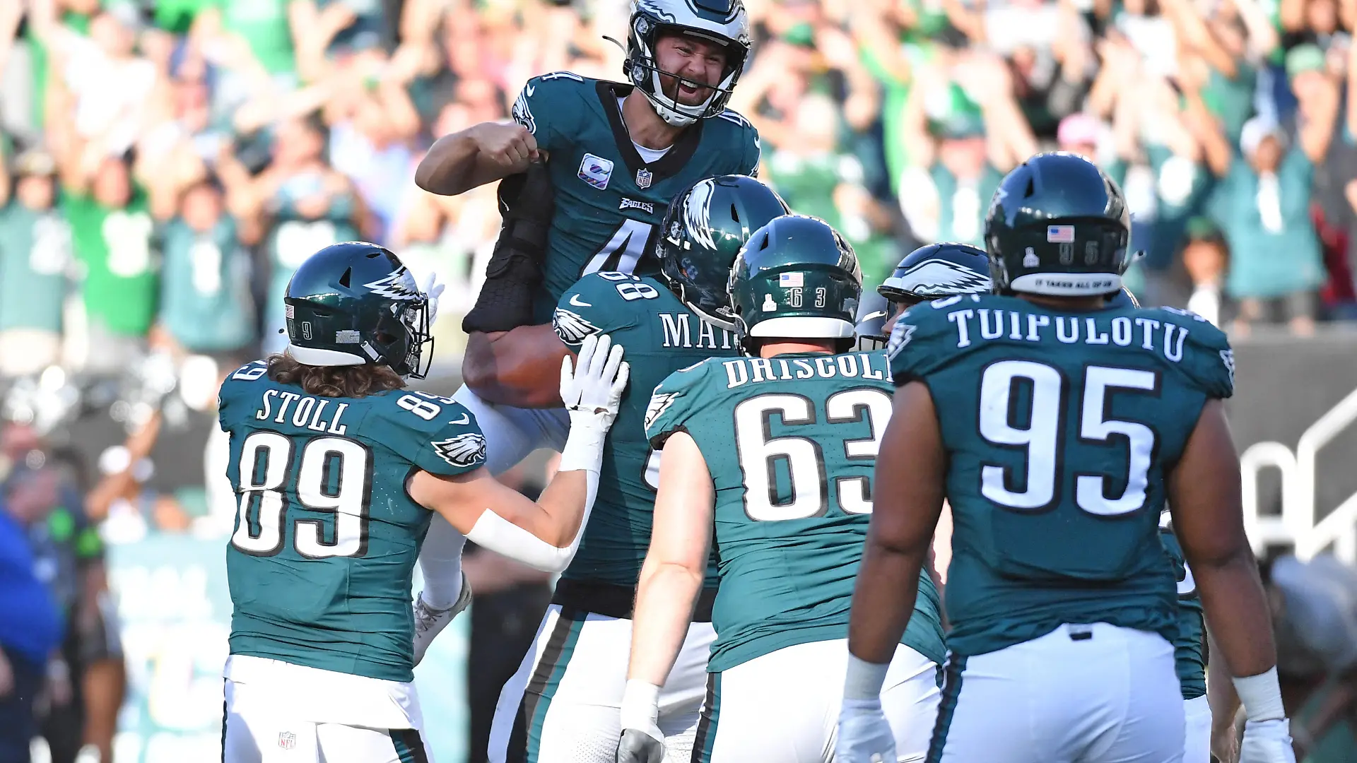 Oct 1, 2023; Philadelphia, Pennsylvania, USA; Philadelphia Eagles place kicker Jake Elliott (4) celebrates after making a 54-yard field goal to defeat the Washington Commanders in overtime at Lincoln Financial Field. Mandatory Credit: Eric Hartline-USA TODAY Sports