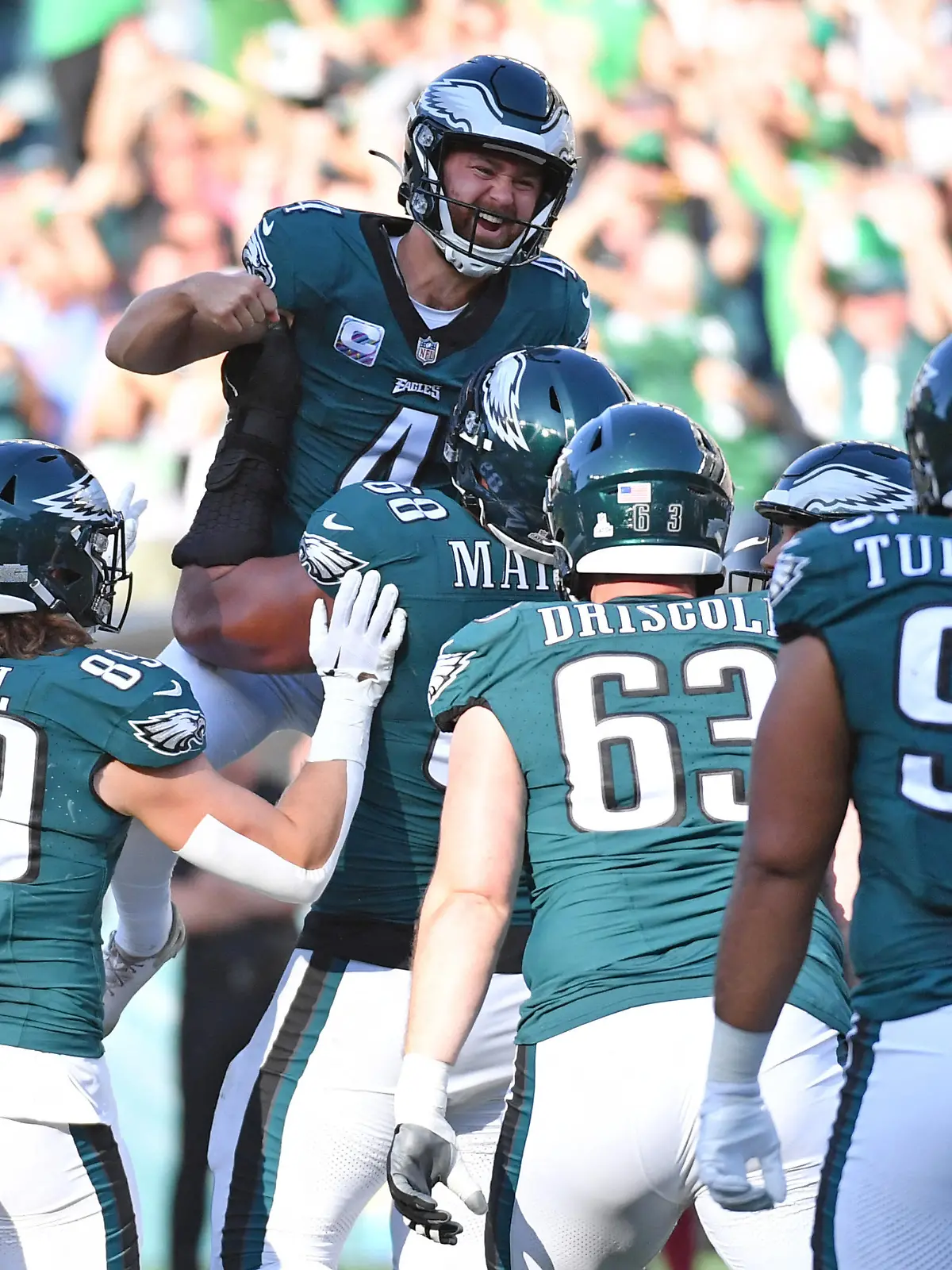 Oct 1, 2023; Philadelphia, Pennsylvania, USA; Philadelphia Eagles place kicker Jake Elliott (4) celebrates after making a 54-yard field goal to defeat the Washington Commanders in overtime at Lincoln Financial Field. Mandatory Credit: Eric Hartline-USA TODAY Sports