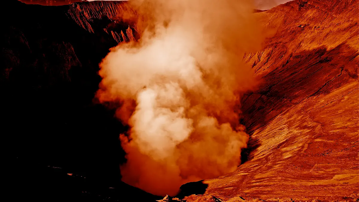 Mars Red Planet Meteorite Crater Exploration Volcano Cloud. Water on Mars.