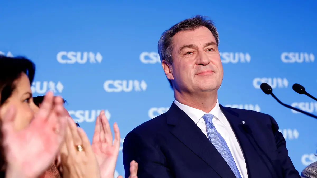 Christian Social Union (CSU) party leader and Bavarian Prime Minister Markus Soeder reacts after exit polls of the Bavarian state election in Munich, Germany, October 8, 2023.     REUTERS/Michaela Rehle