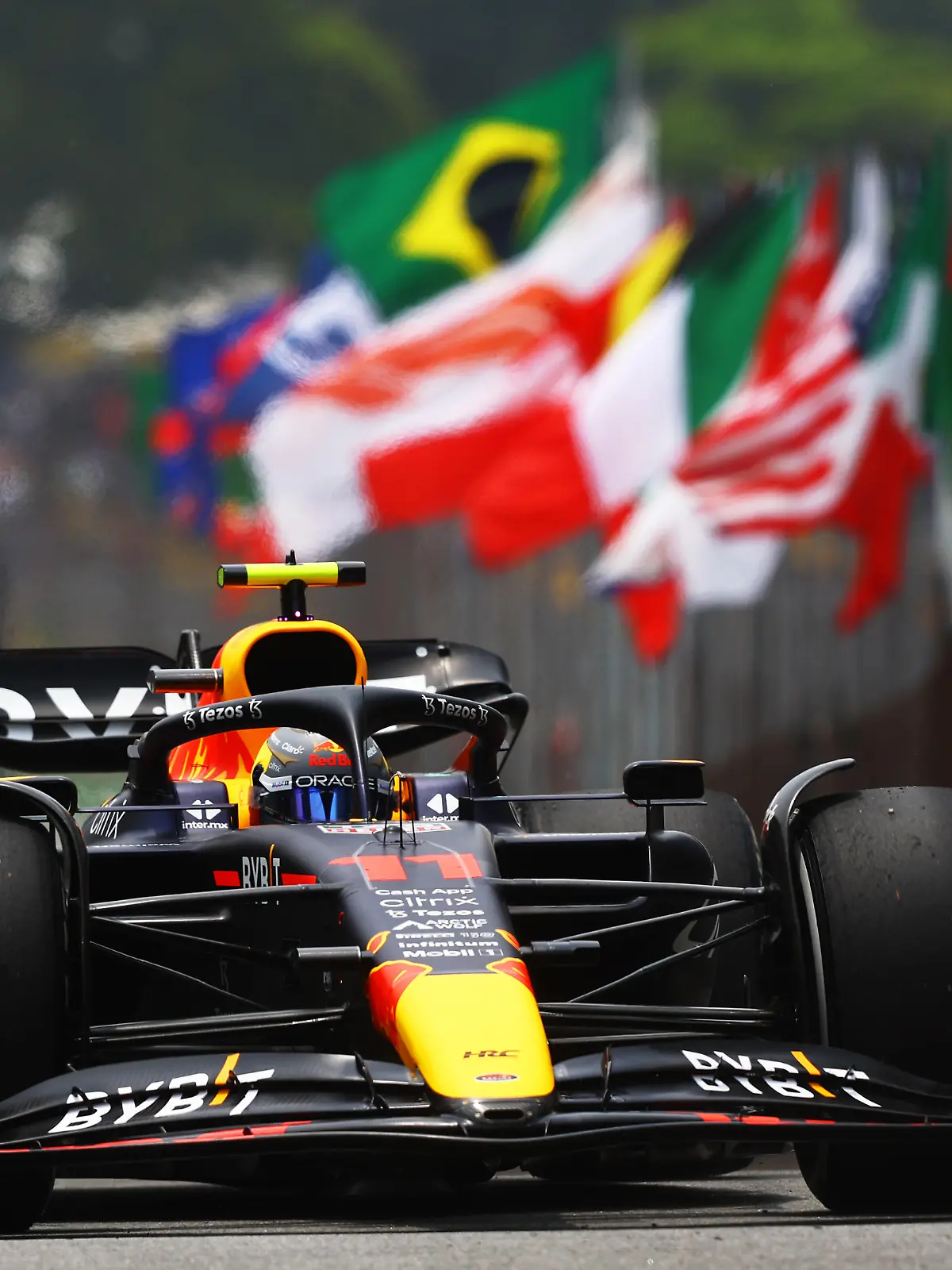SAO PAULO, BRAZIL - NOVEMBER 11: Sergio Perez of Mexico driving the (11) Oracle Red Bull Racing RB18 in the Pitlane during practice ahead of the F1 Grand Prix of Brazil at Autodromo Jose Carlos Pace on November 11, 2022 in Sao Paulo, Brazil. (Photo by Mark Thompson/Getty Images)