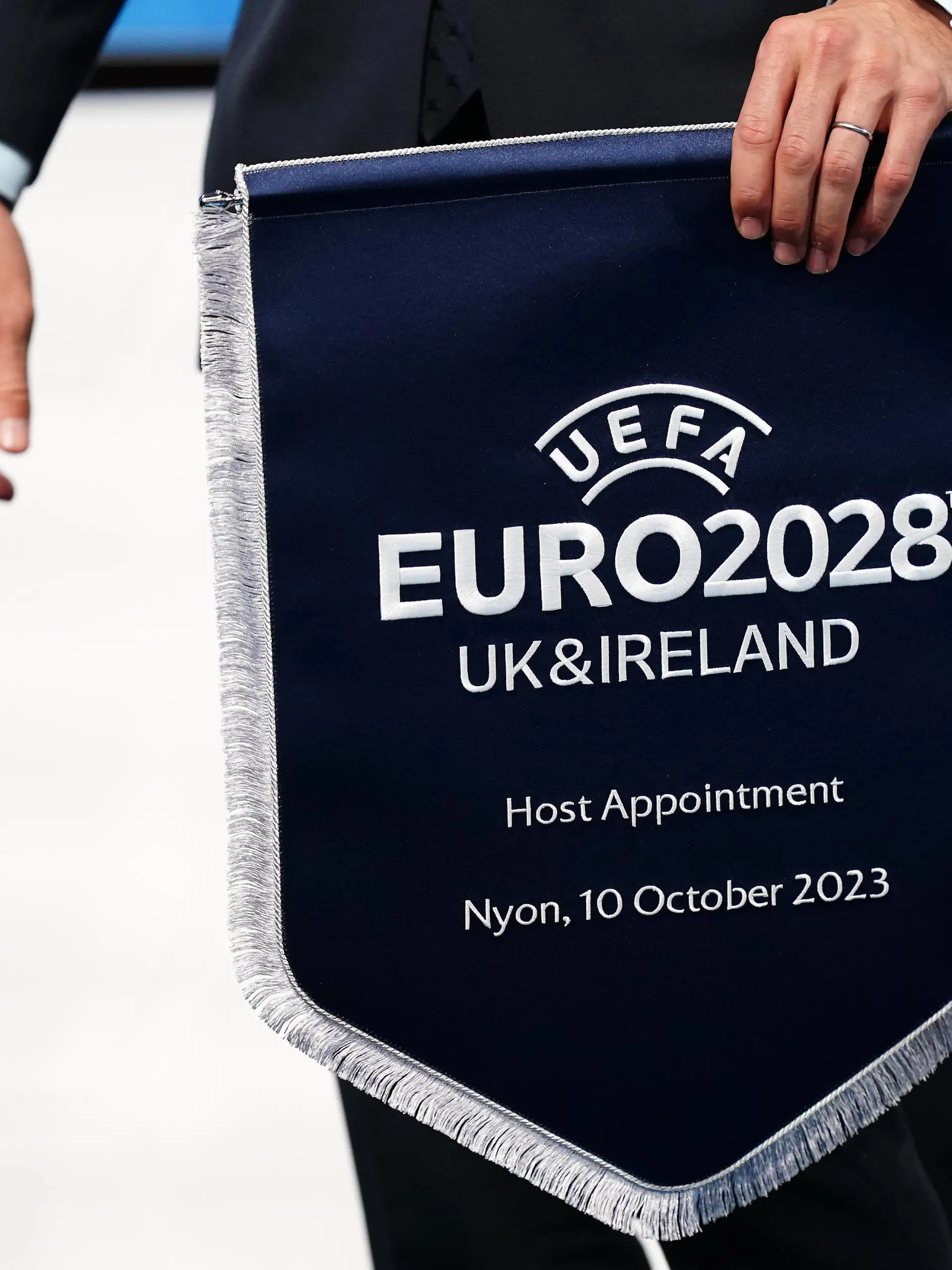 UEFA EURO, EM, Europameisterschaft,Fussball 2028 and Euro 2032 Announcement - UEFA Headquarters A detailed view of a UEFA Euro 2028 pennant ahead of the Euro 2028 and Euro 2032 hosts announcement ceremony at the UEFA Headquarters in Nyon, Switzerland. Picture date: Tuesday October 10, 2023. Use subject to restrictions. Editorial use only, no commercial use without prior consent from rights holder. PUBLICATIONxNOTxINxUKxIRL Copyright: xMikexEgertonx 74107868