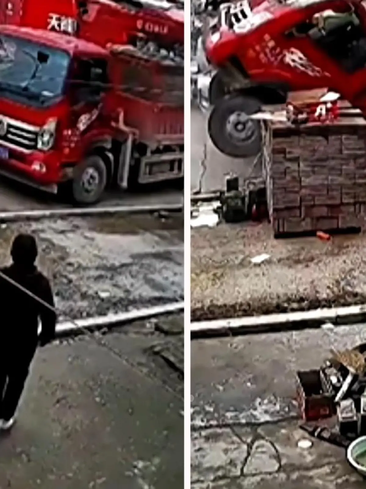 Dieser LKW fährt im einen Moment auf einem Gehweg, im anderen liegt er unter ihm. Die Szenen sehen Sie im Video.