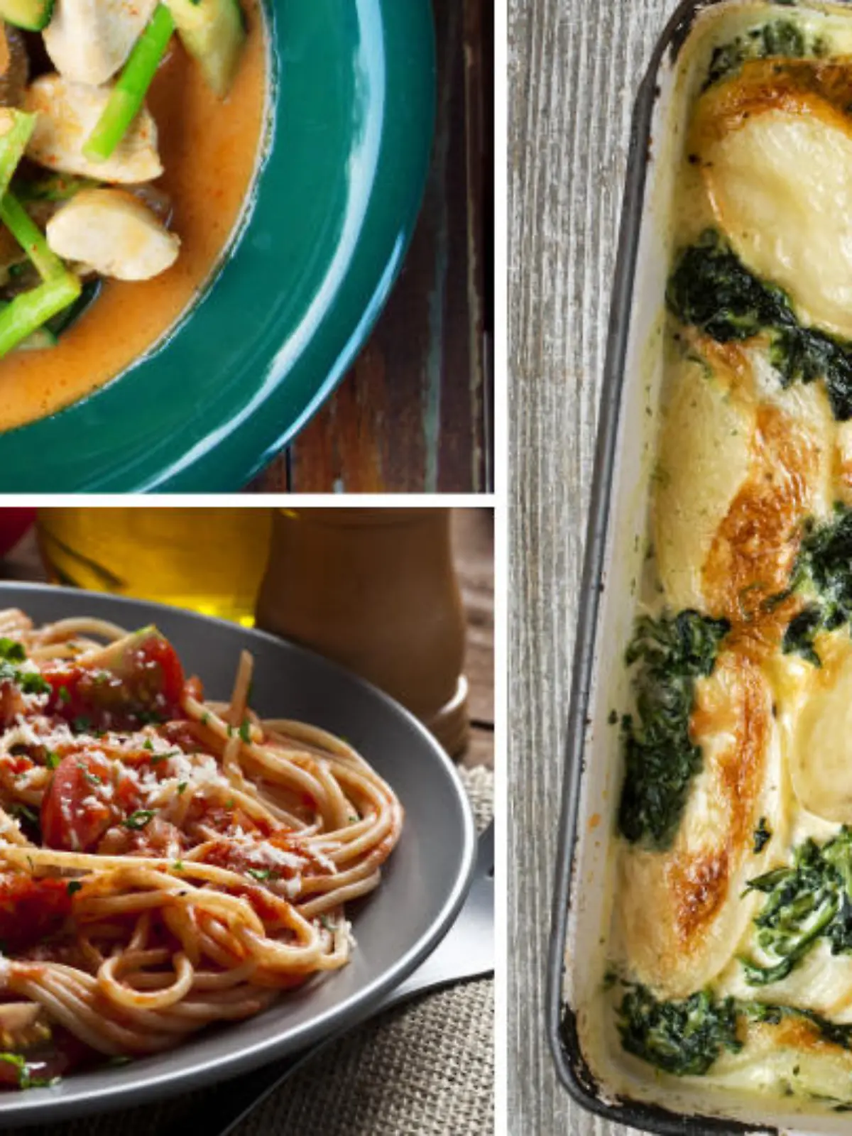 Curry, Spaghetti und Kartoffelgratin: Drei Mahlzeiten eines Wochenplans.