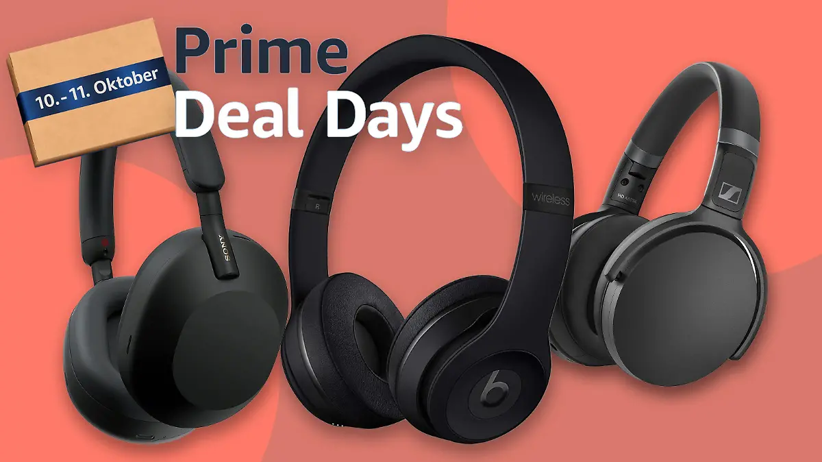 Schwarze On-Ear-Kopfhörer von Sennheiser, Sony und Beats vor einem roten Hintergrund mit einem Amazon-Paket in der linken oberen Ecke.