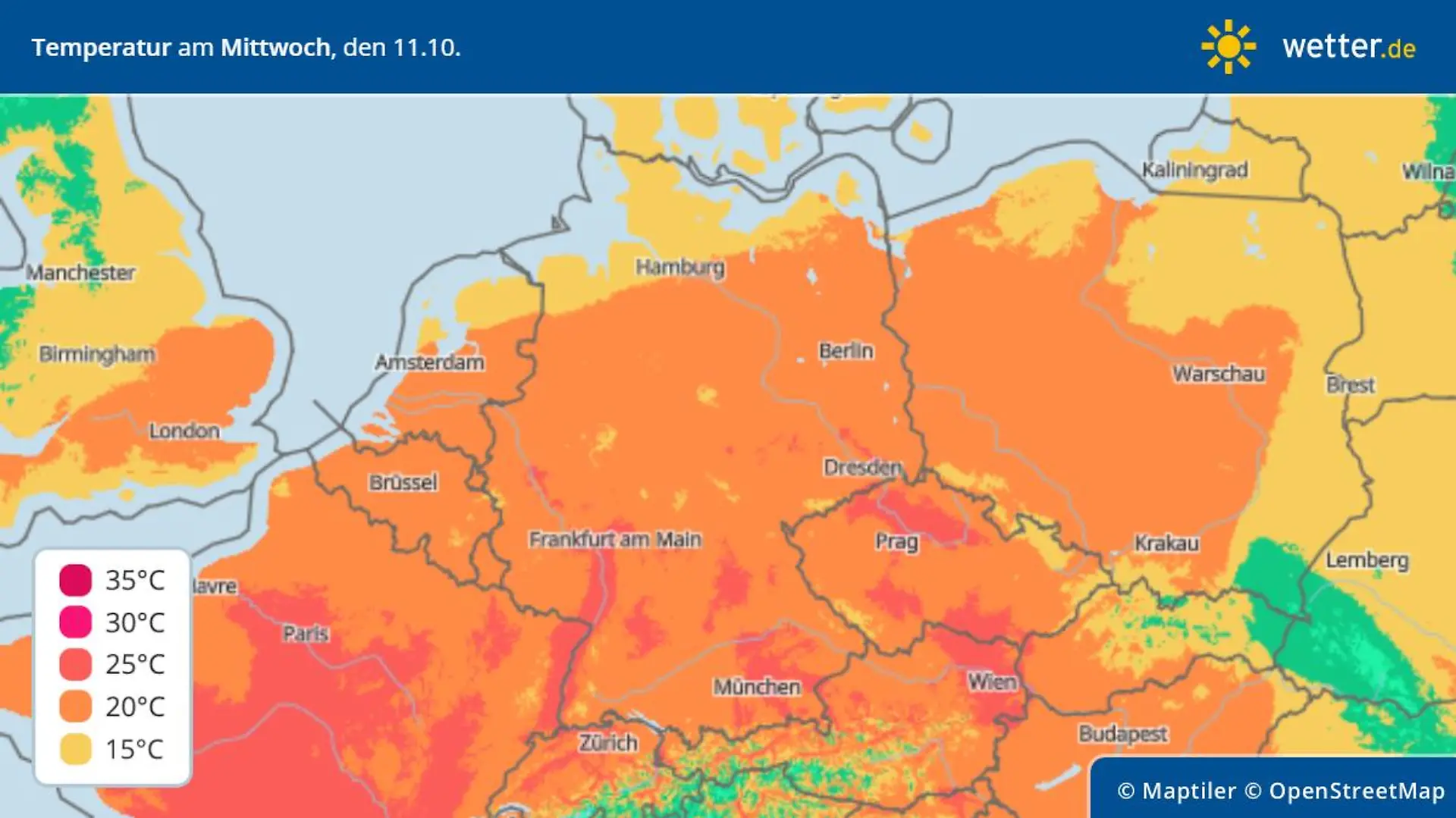 Temperaturhöchstwerte am Mittwoch, 11. Oktober, in Deutschland