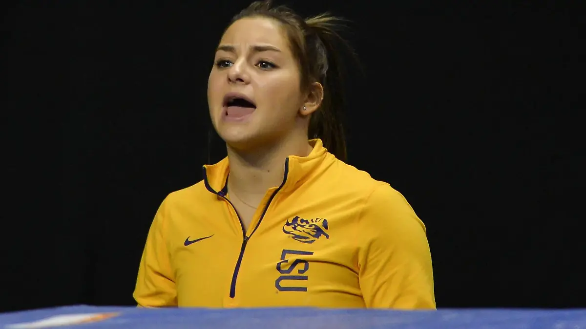 April 19, 2018 - St. Louis, Missouri, U.S - Mary Lou Retton s daughter, MCKENNA KELLEY, from LSU, cheers on her teammates during the podium training before the competition held at Chaifetz Arena in St. Louis Missouri. 2018 NCAA College League USA Women s Gymnastics Championships - Podium Training  - ZUMAs146 20180419_zap_s146_008 Copyright: xAmyxSandersonx