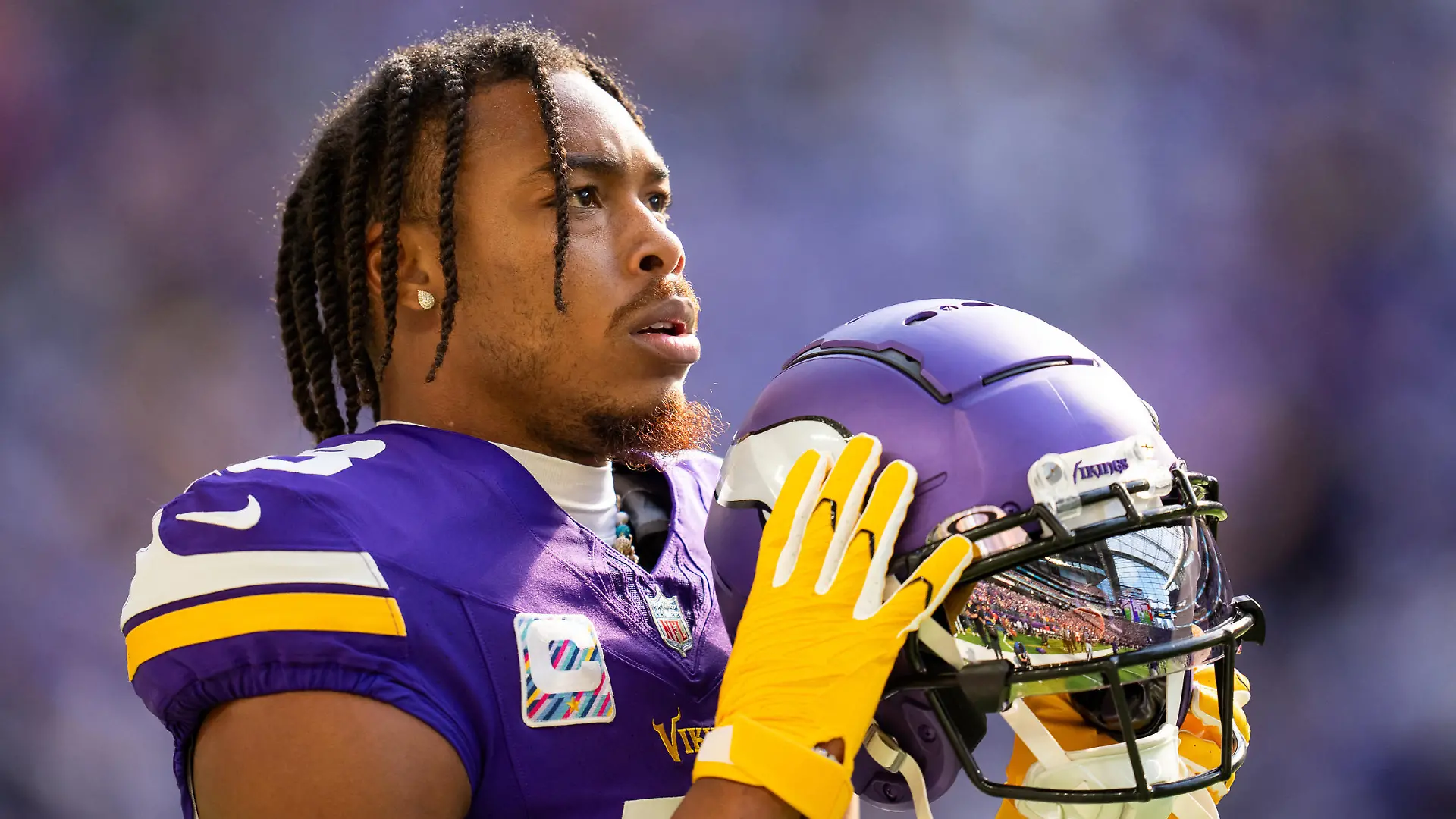 Oct 8, 2023; Minneapolis, Minnesota, USA; Minnesota Vikings wide receiver Justin Jefferson (18) before the game against the Kansas City Chiefs at U.S. Bank Stadium. Mandatory Credit: Brad Rempel-USA TODAY Sports