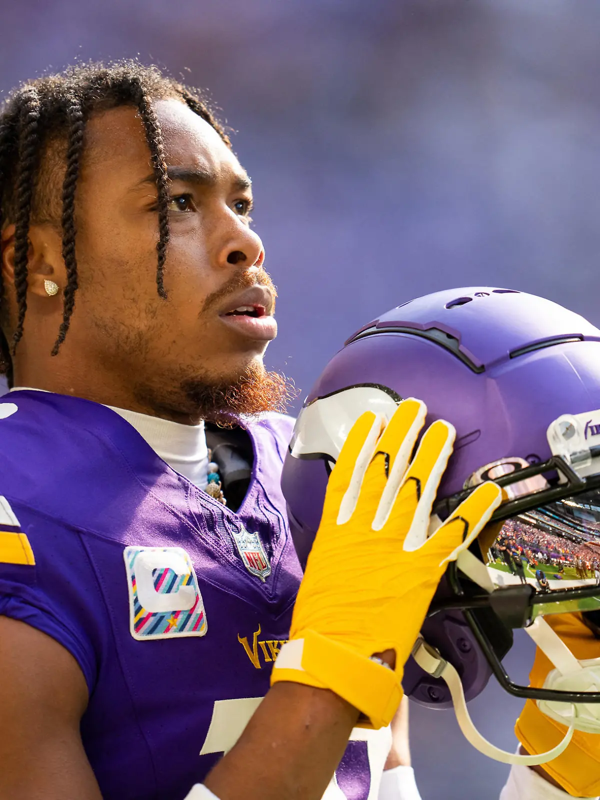 Oct 8, 2023; Minneapolis, Minnesota, USA; Minnesota Vikings wide receiver Justin Jefferson (18) before the game against the Kansas City Chiefs at U.S. Bank Stadium. Mandatory Credit: Brad Rempel-USA TODAY Sports