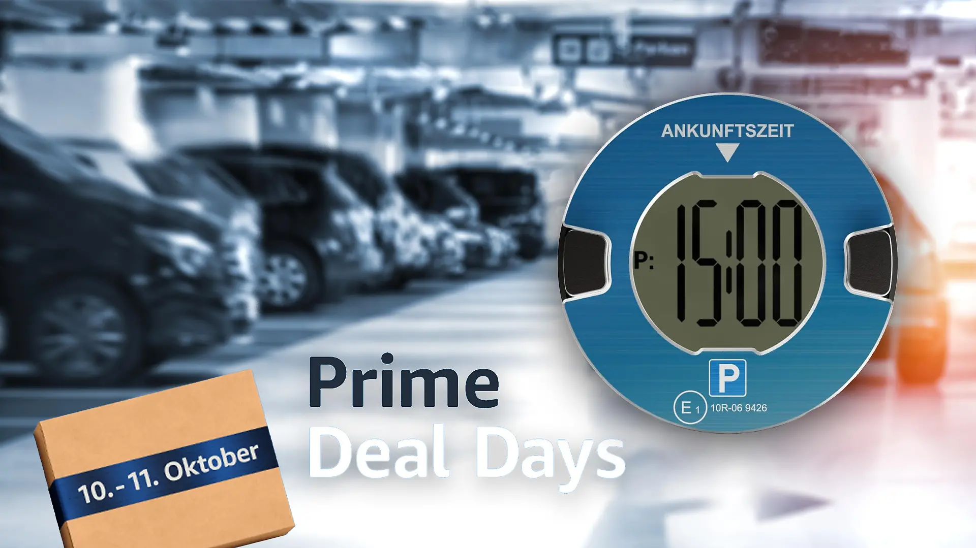 Die elektronische Ooono Parkscheibe mit dem Prime Deal Days Schriftzug.