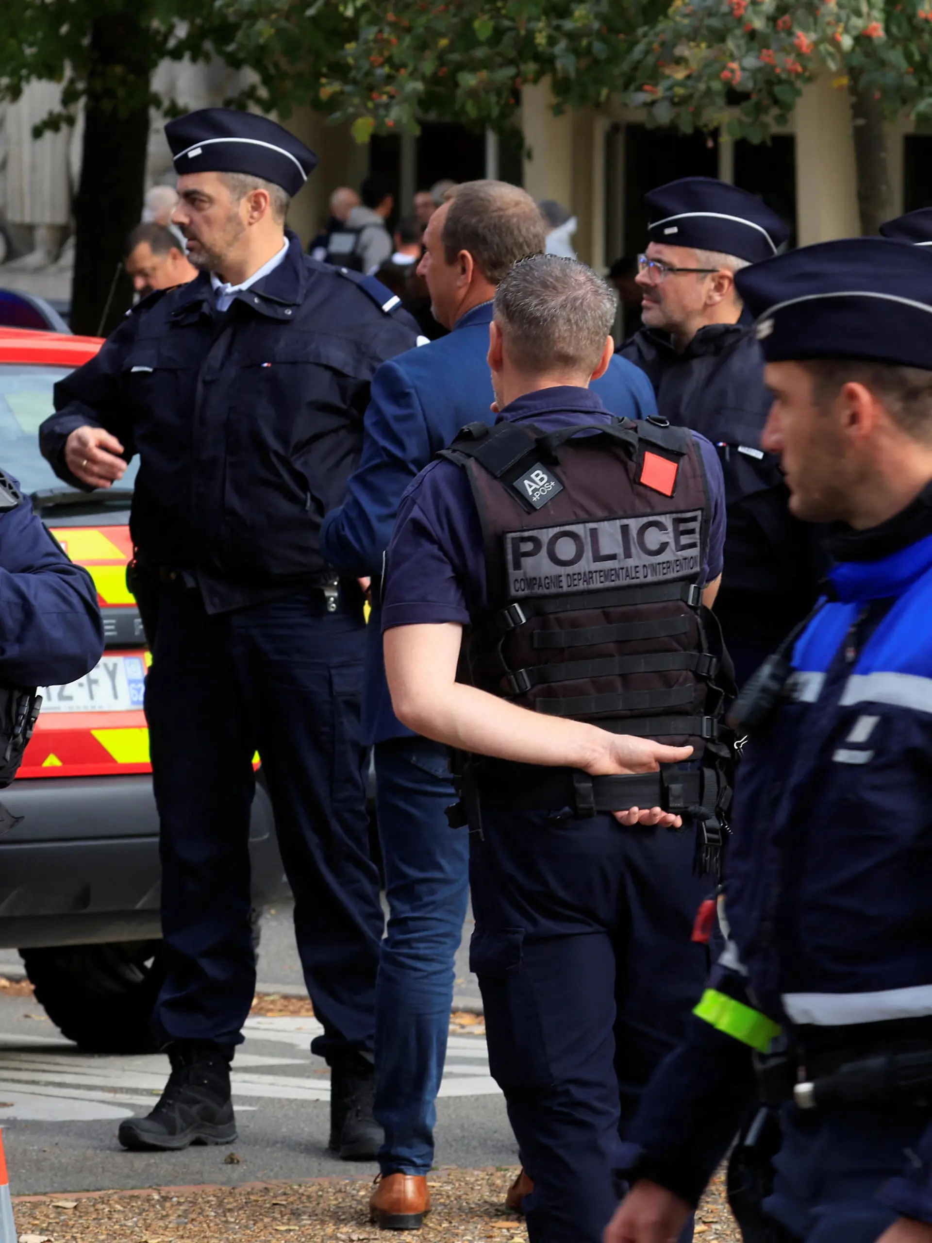 French police secure the area after a teacher was killed and several people injured in a knife attack at the Lycee Gambetta-Carnot high school in Arras, northern France, October 13, 2023. REUTERS/Pascal Rossignol