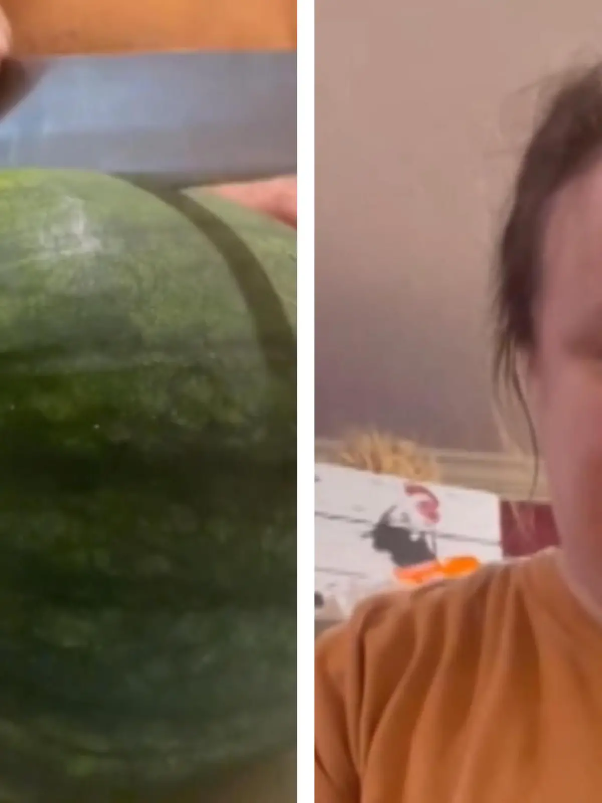 Katie Zornes aus Kansas City staunt nicht schlecht, als sie eine vermeintliche Wassermelone aus ihrem Garten in zwei Stücke schneidet. Ihr Inneres ist nämlich nicht rot, sondern gelb. Ein Geschmackstest verrät - es ist eindeutig keine Melone.