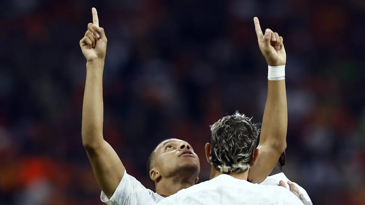 AMSTERDAM - Kylian Mbappe of France celebrates the 0-1 during the European Championship, EM, Europameisterschaft Qualifying match in group B between the Netherlands and France in the Johan Cruijff ArenA on October 13, 2023 in Amsterdam, the Netherlands. ANP KOEN VAN WEEL UEFA EURO, EM, Europameisterschaft,Fussball 2024 Qualifying Round 2023/2024 xVIxANPxSportx/xxANPxIVx 480997875 originalFilename: 480997875.jpg