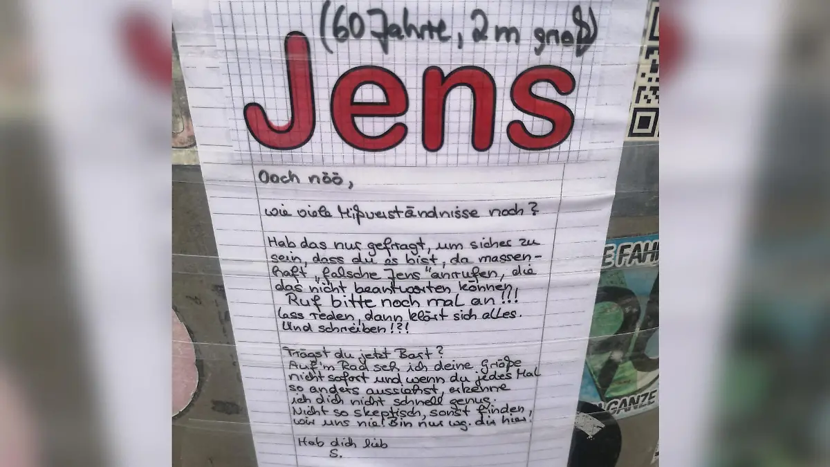 Mit diesem Aufruf an Laternen in Hannover sucht S. weiter nach "ihrem" Jens