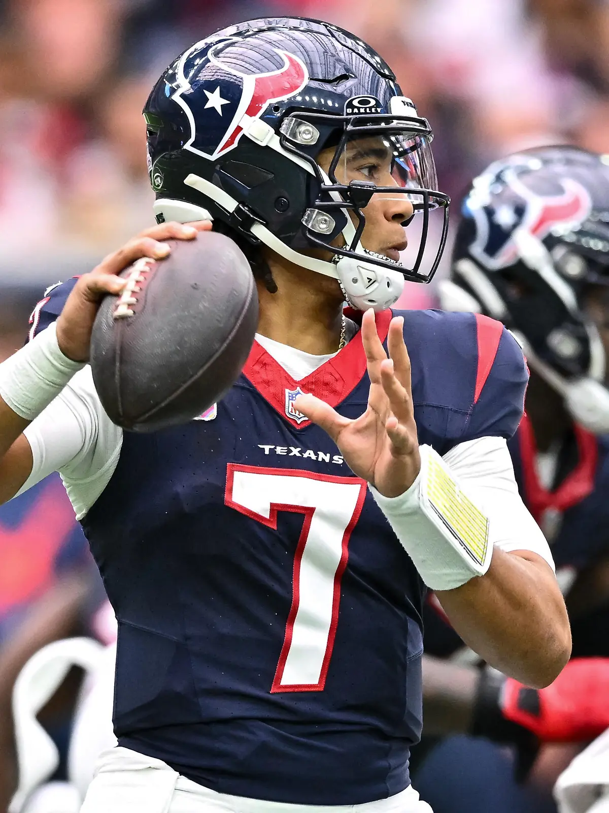 Oct 15, 2023; Houston, Texas, USA; Houston Texans quarterback C.J. Stroud (7) passes the ball during the third quarter against the New Orleans Saints at NRG Stadium. Mandatory Credit: Maria Lysaker-USA TODAY Sports