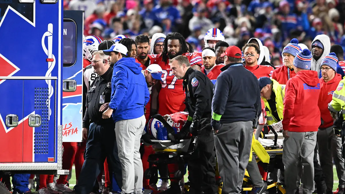 Oct 15, 2023; Orchard Park, New York, USA; Buffalo Bills running back Damien Harris (22) is loaded into an ambulance after an injury in the second quarter against the New York Giants at Highmark Stadium. Mandatory Credit: Mark Konezny-USA TODAY Sports