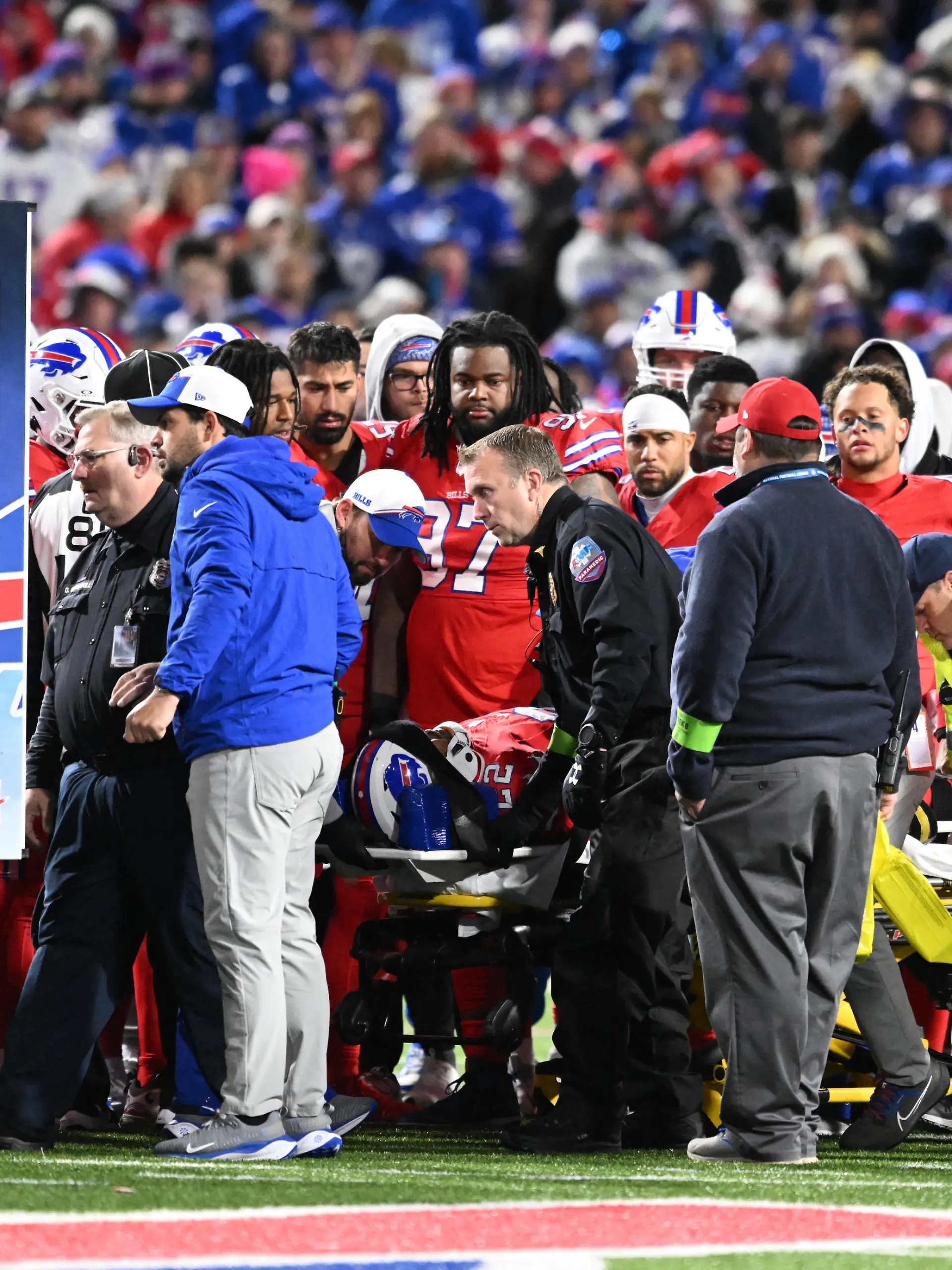 Oct 15, 2023; Orchard Park, New York, USA; Buffalo Bills running back Damien Harris (22) is loaded into an ambulance after an injury in the second quarter against the New York Giants at Highmark Stadium. Mandatory Credit: Mark Konezny-USA TODAY Sports