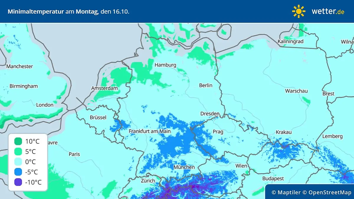Die Grafik zeigt die Tiefstwerte vom Montag, 16.10.2023