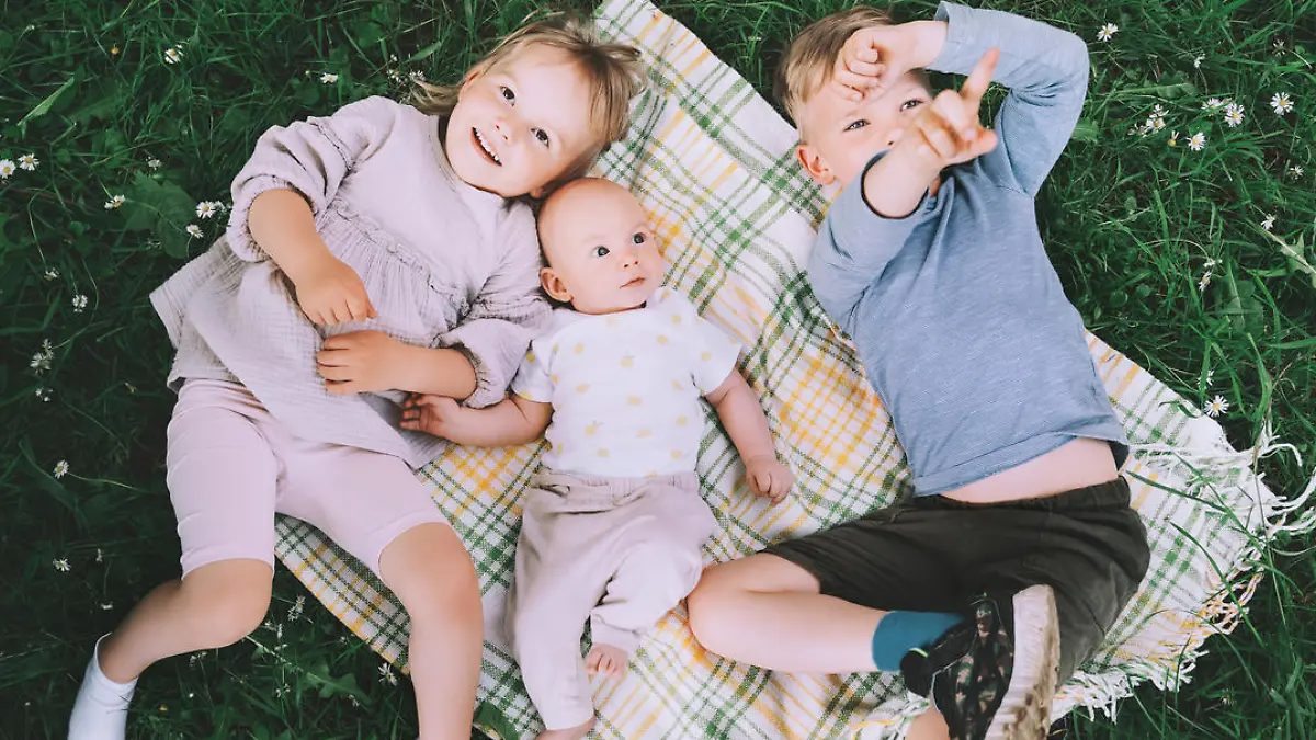 Children in nature. Preschool small kids play on green grass outdoors in summer. Siblings friendship. Holidays with family. Happy and healthy lifestyle. Minimalist style photo.