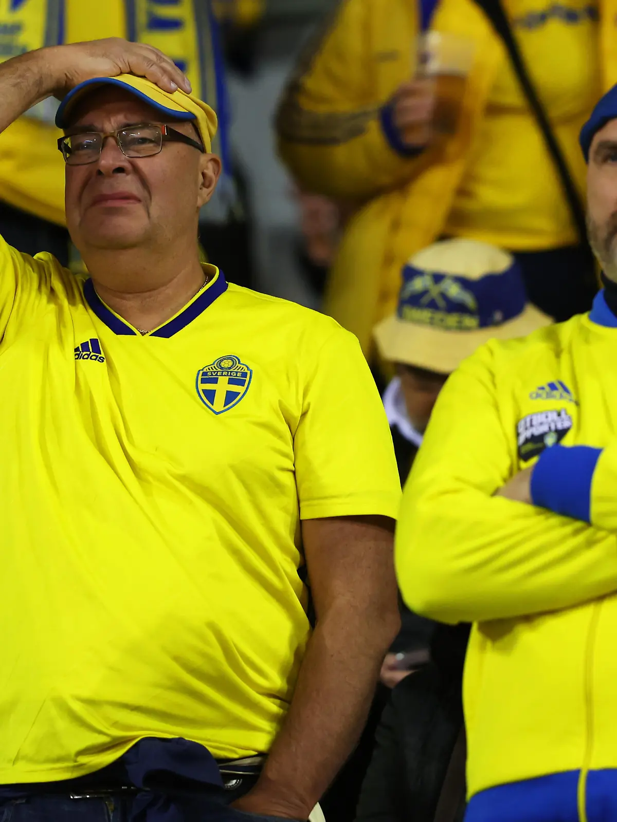 BRUSSELS, BELGIUM - OCTOBER 16: Fans of Sweden react at half time as the the UEFA EURO 2024 European qualifier match between Belgium and Sweden is abandoned at King Baudouin Stadium on October 16, 2023 in Brussels, Belgium. (Photo by Getty Images/Getty Images)