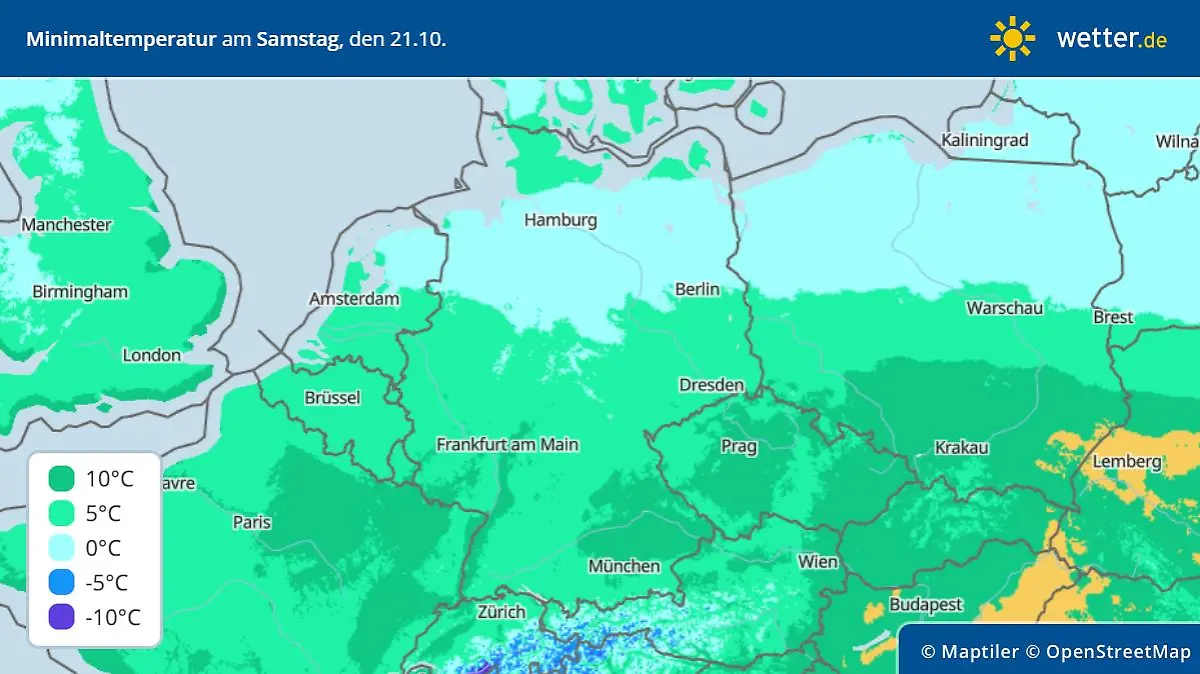 Die Grafik zeigt die Tiefstwerte am Samstag, 21.10.2023