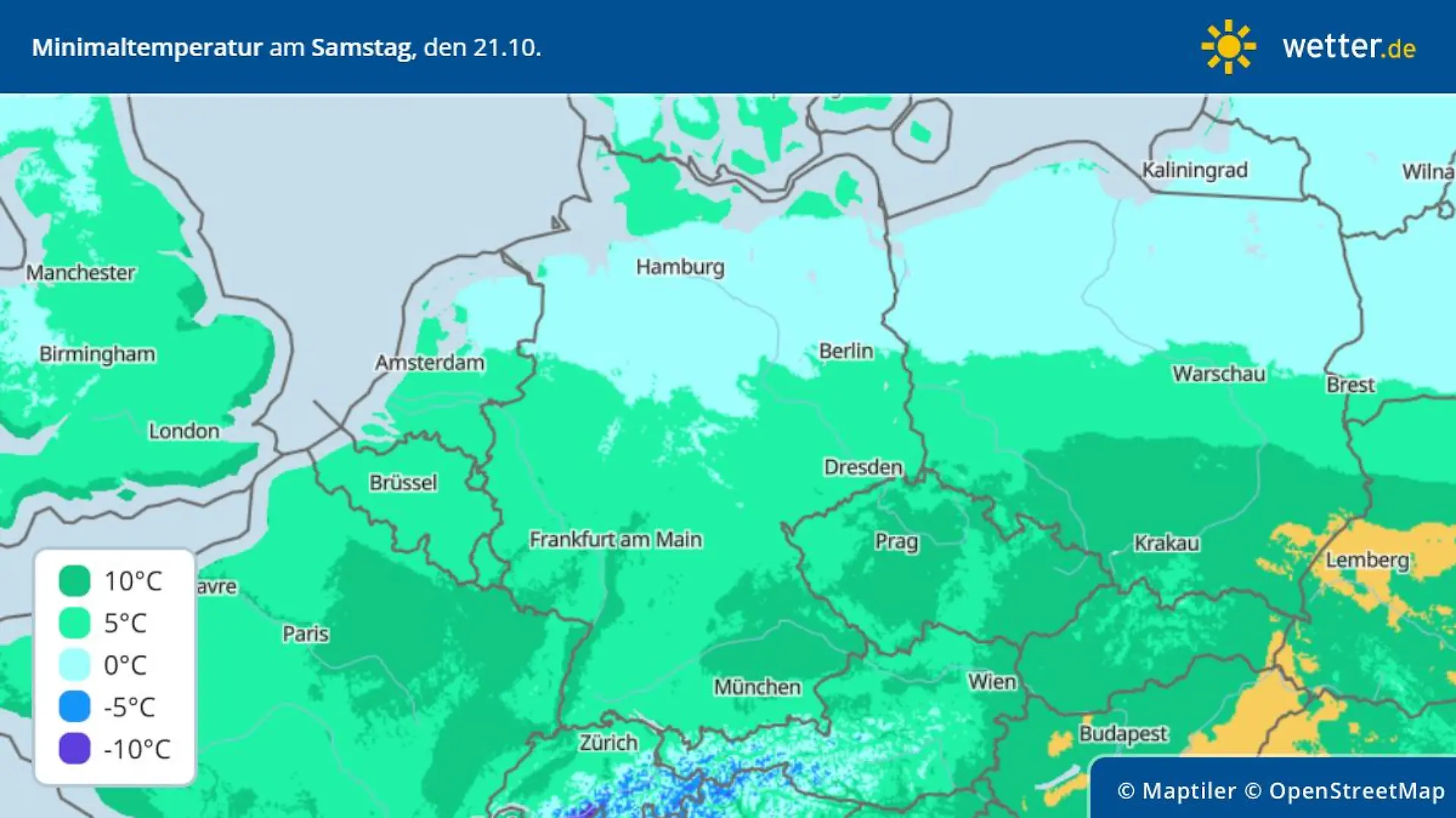 Die Grafik zeigt die Tiefstwerte am Samstag, 21.10.2023