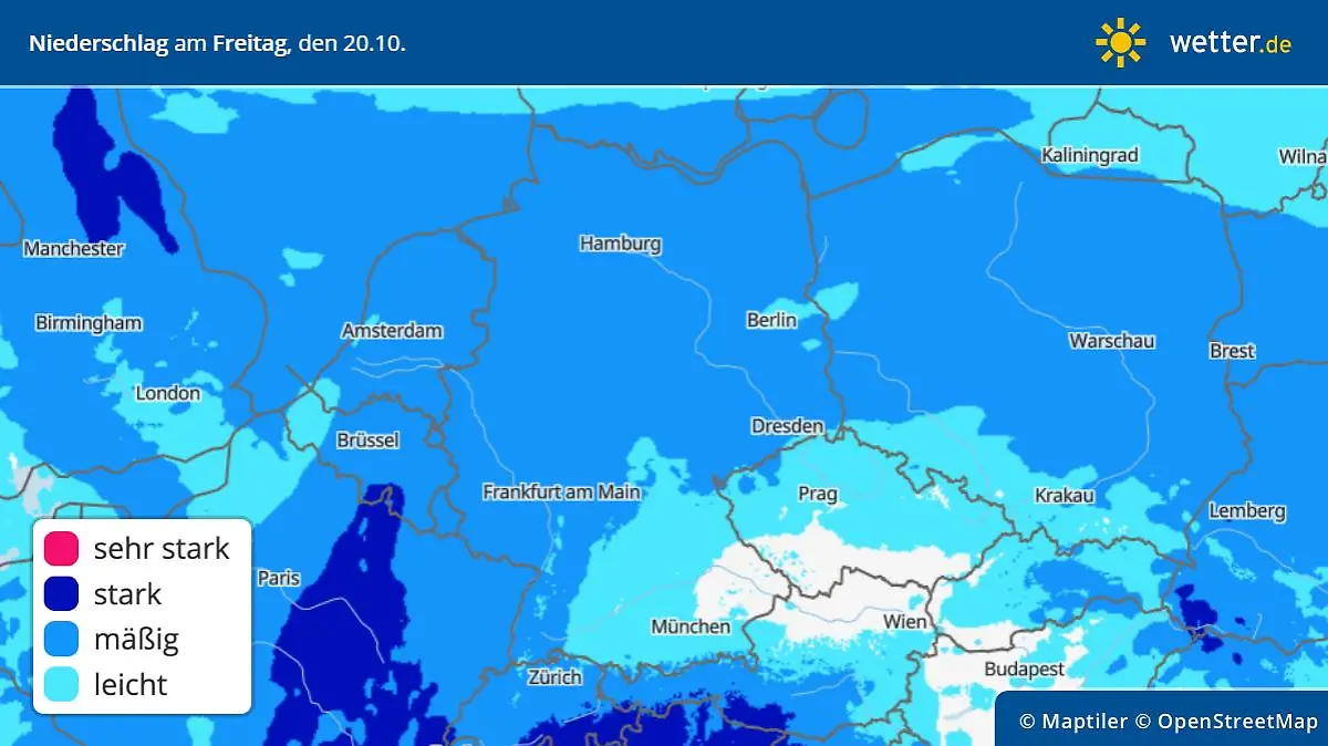 Die Grafik zeigt die Niederschläge am Freitag, 20.10.2023