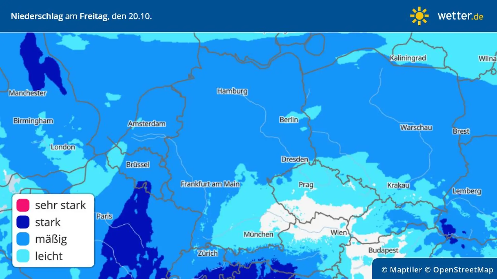 Die Grafik zeigt die Niederschläge am Freitag, 20.10.2023