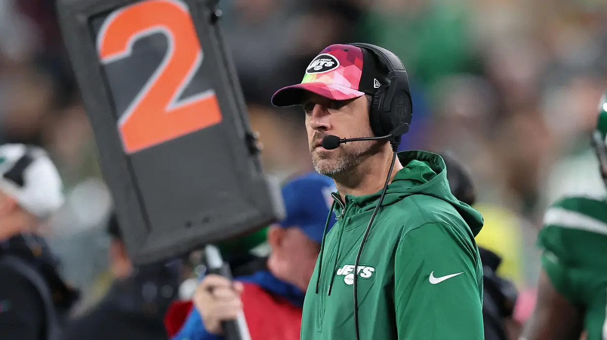 Oct 15, 2023; East Rutherford, New Jersey, USA; New York Jets quarterback Aaron Rodgers (8) looks on during the second half against the Philadelphia Eagles at MetLife Stadium. Mandatory Credit: Vincent Carchietta-USA TODAY Sports