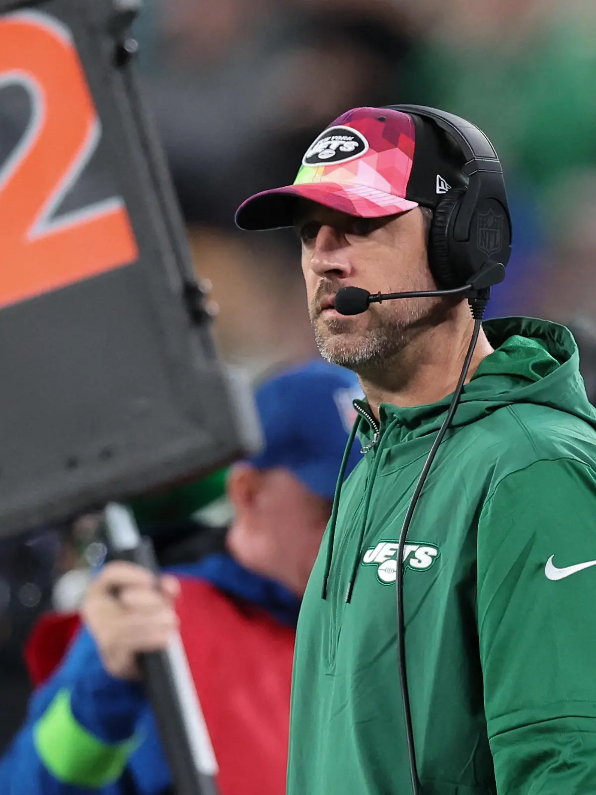 Oct 15, 2023; East Rutherford, New Jersey, USA; New York Jets quarterback Aaron Rodgers (8) looks on during the second half against the Philadelphia Eagles at MetLife Stadium. Mandatory Credit: Vincent Carchietta-USA TODAY Sports