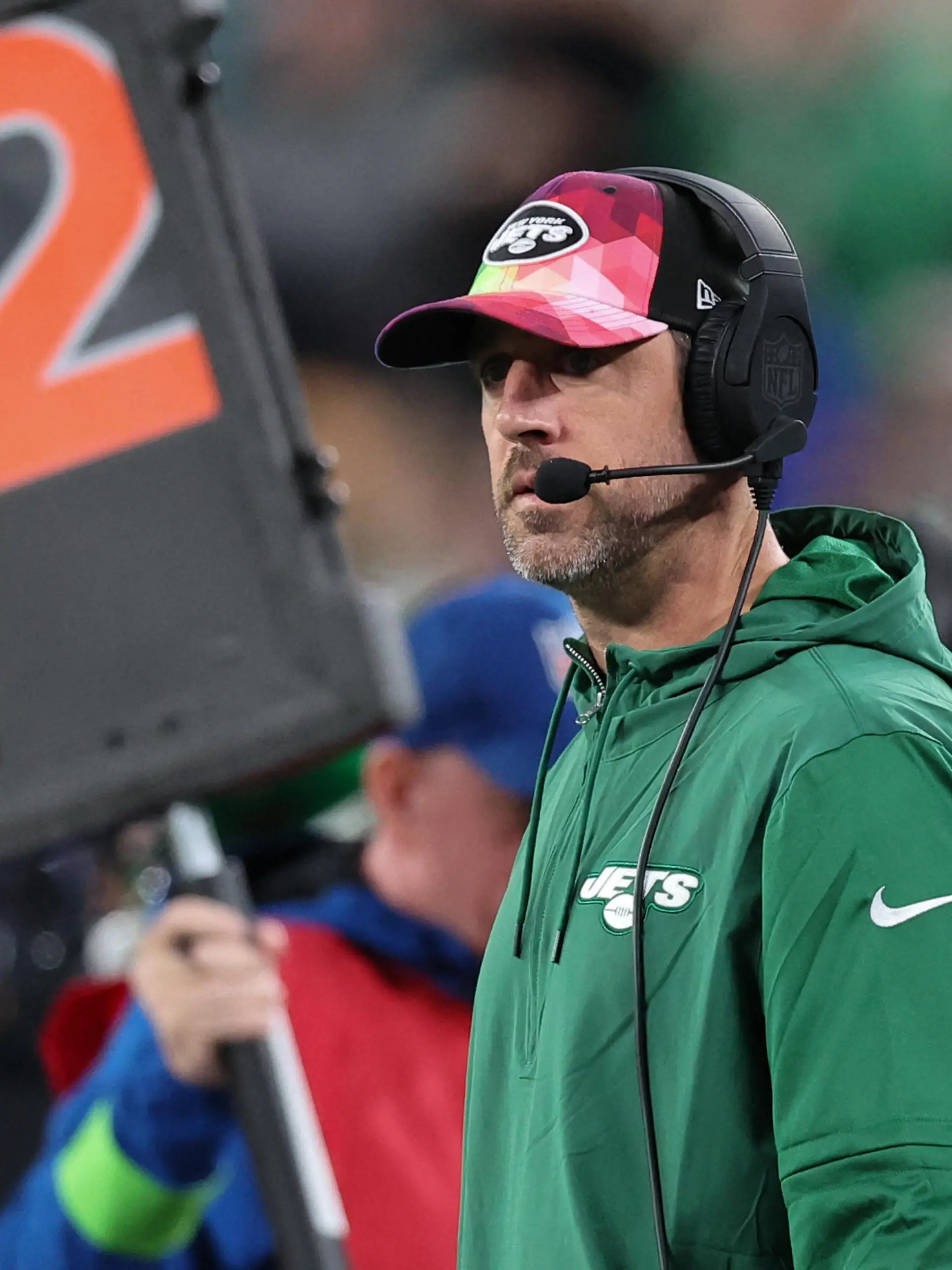 Oct 15, 2023; East Rutherford, New Jersey, USA; New York Jets quarterback Aaron Rodgers (8) looks on during the second half against the Philadelphia Eagles at MetLife Stadium. Mandatory Credit: Vincent Carchietta-USA TODAY Sports
