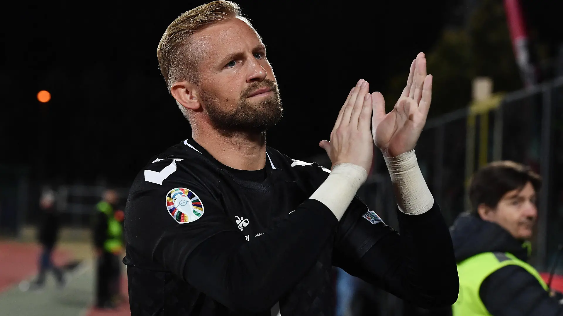 Soccer Football - Euro 2024 Qualifier - Group H - San Marino v Denmark - San Marino Stadium, Serravalle, San Marino - October 17, 2023 Denmark's Kasper Schmeichel celebrates after the match REUTERS/Jennifer Lorenzini