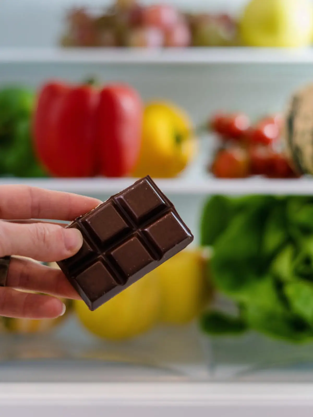 fresh fruits and vegetables on shelf in open fridge and female hand with sweets, healthy eating concept, choice between healthy and unhealthy food
