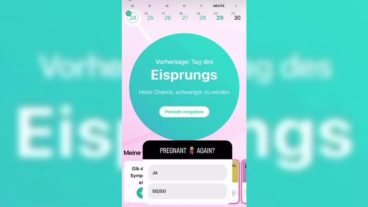 Vanessa Felsner zeigt den Screenshot einer Fruchtbarkeits-App. Ihr wird angezeigt, dass sie gerade sehr fruchtbar sei.