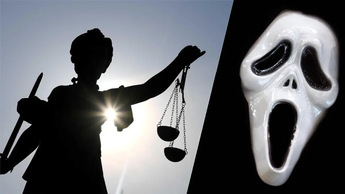 Collage: Justitia Statue und eine Scream-Maske