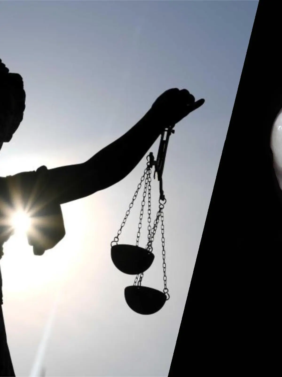 Collage: Justitia Statue und eine Scream-Maske