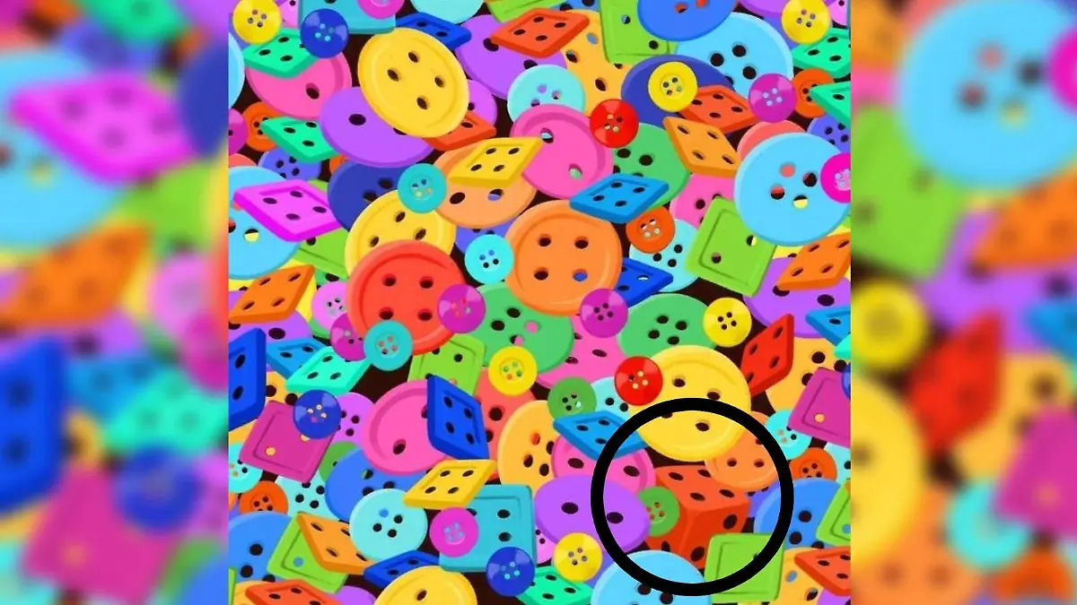 Suchbild Auflösung Würfel inmitten von Knöpfen