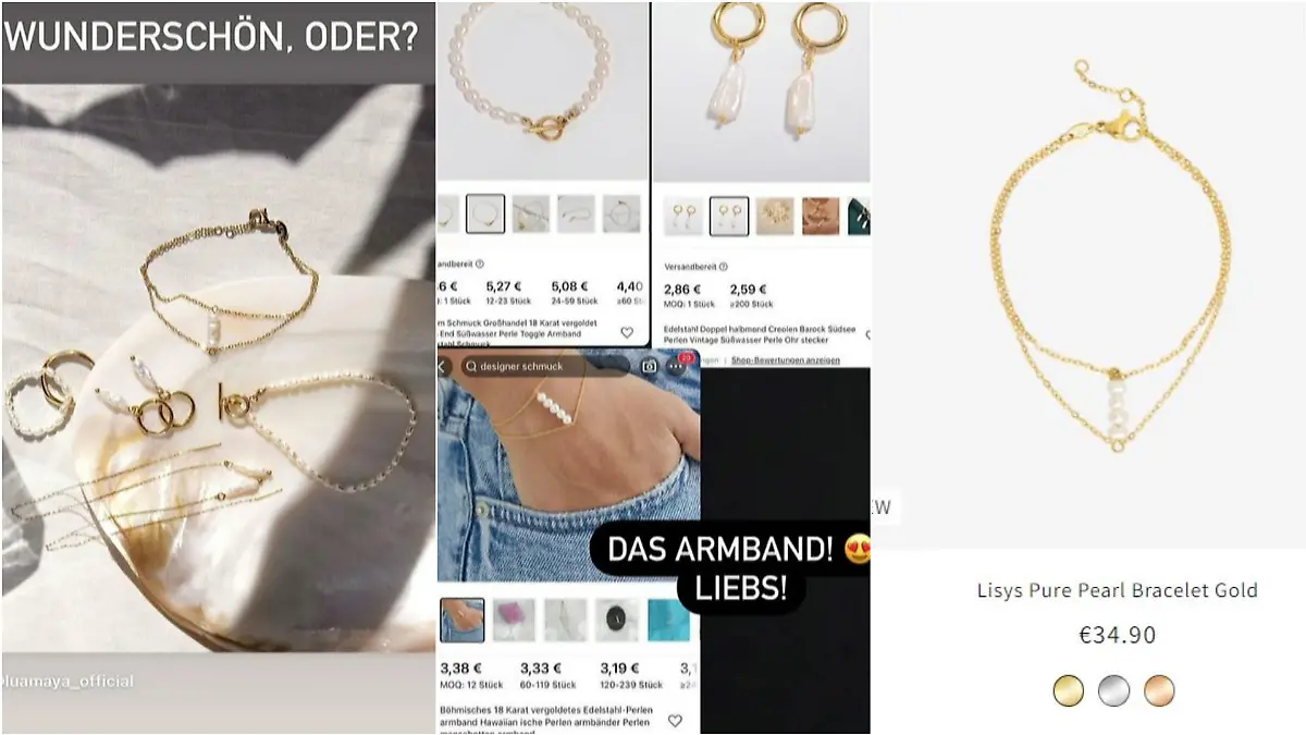 Links auf dem Bild verschiedene Schmuckstücke aus Lola Weipperts Schmuckkollektion, in der Mitte die identischen Schmuckstücke bei Alibaba zu Schnapperpreisen, rechts der Preis zu dem es das Schmuckstück bei Luamaya zu kaufen gibt.