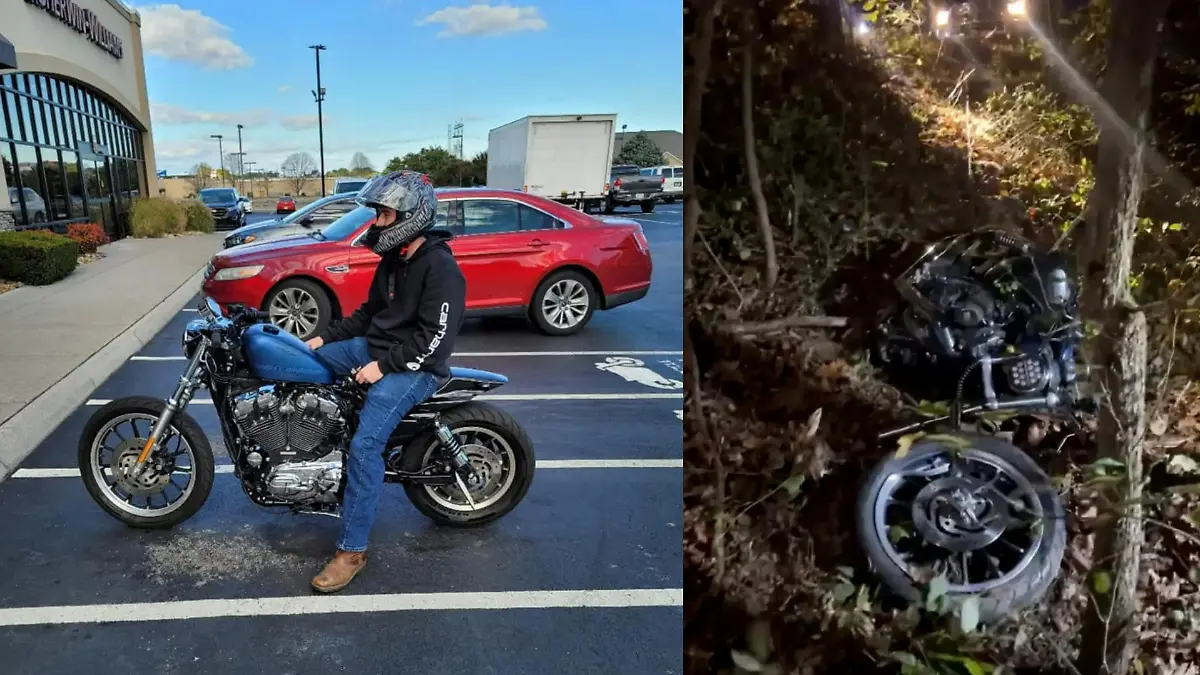 Ein Mann auf einem Motorrad. Daneben ein Bild von einem Motorrad im Graben.