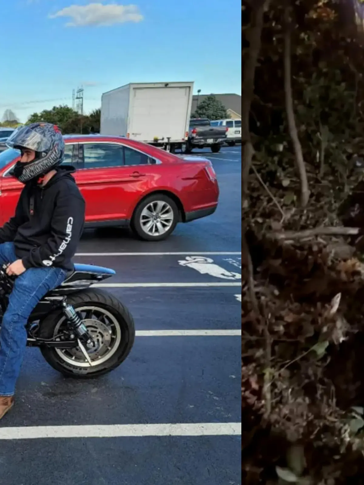 Ein Mann auf einem Motorrad. Daneben ein Bild von einem Motorrad im Graben.
