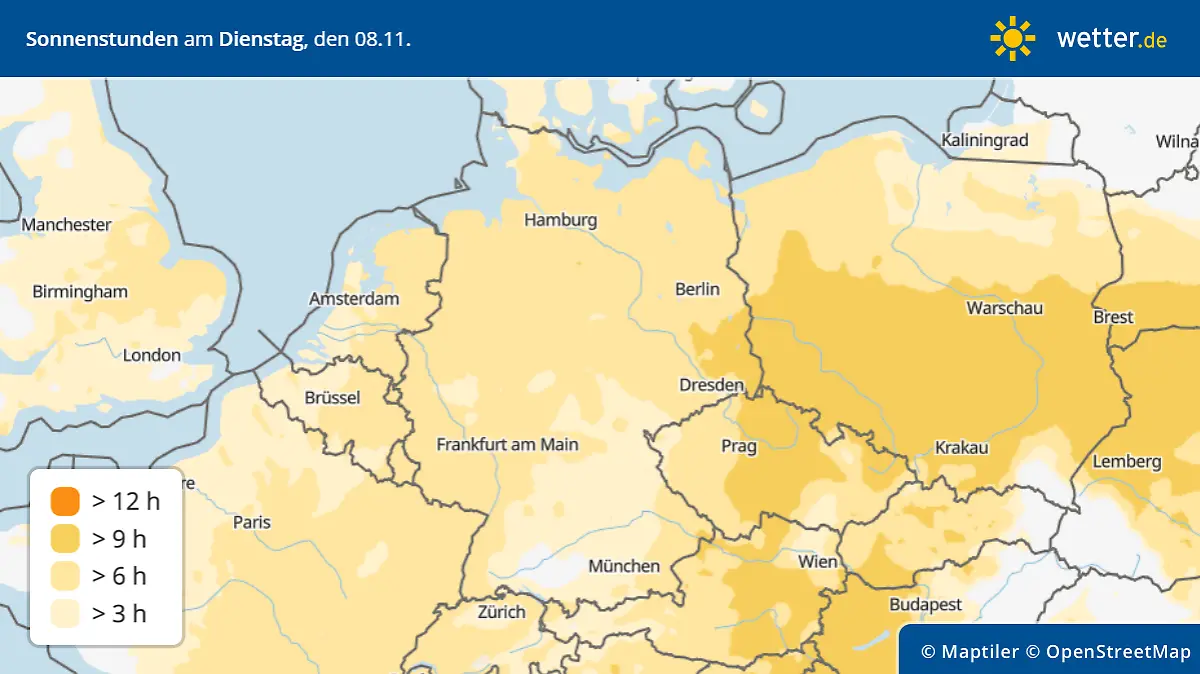 Die Grafik zeigt die Sonnenstunden für Dienstag, 08.11.2022