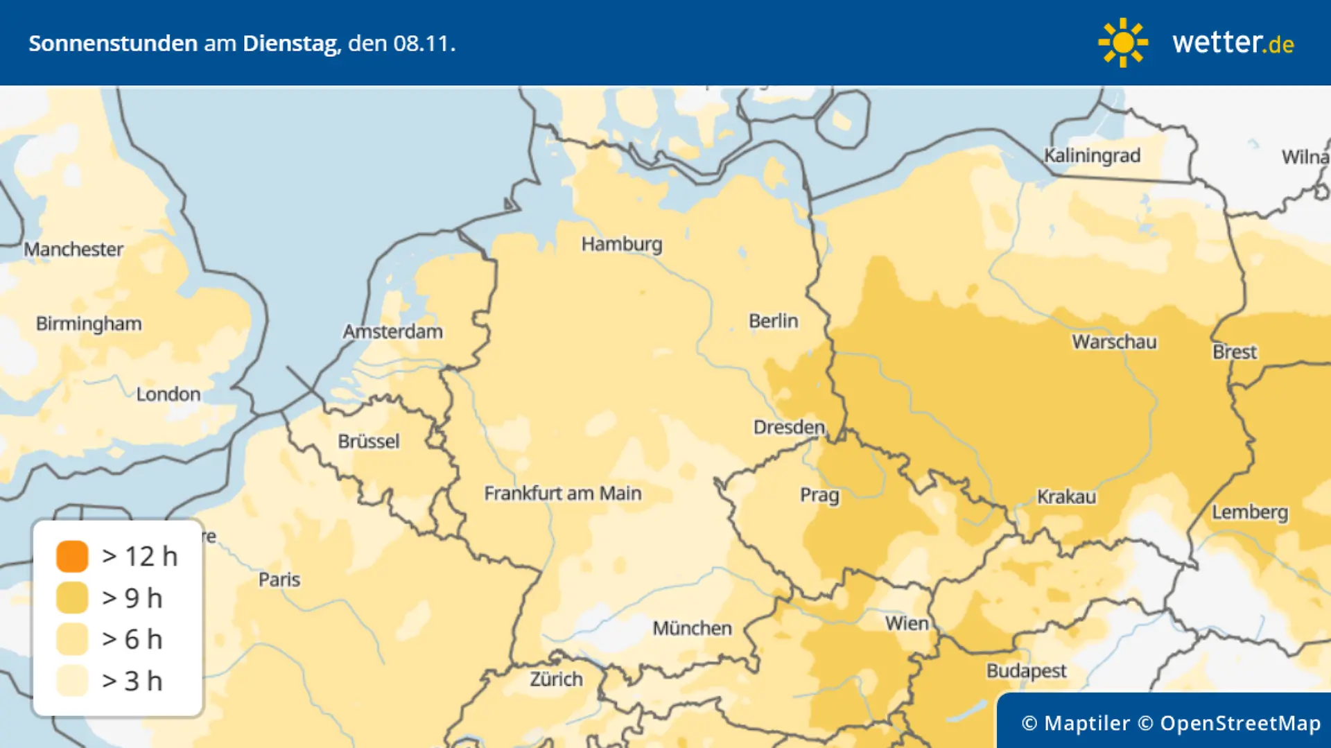 Die Grafik zeigt die Sonnenstunden für Dienstag, 08.11.2022