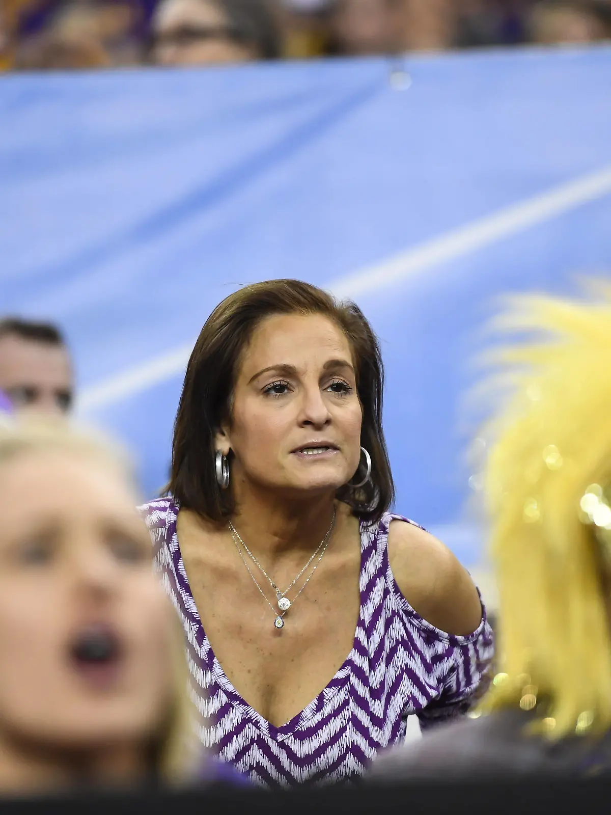 April 19, 2019 - Fort Worth, Texas, US - MARY LOU RETTON, whose daughter competes for LSU, sits in the stands nervously during the first preliminary session held at the Fort Worth Convention Center in Fort Worth, Texas. Fort Worth U.S. - ZUMAs146 20190419_zap_s146_058 Copyright: xAmyxSandersonx