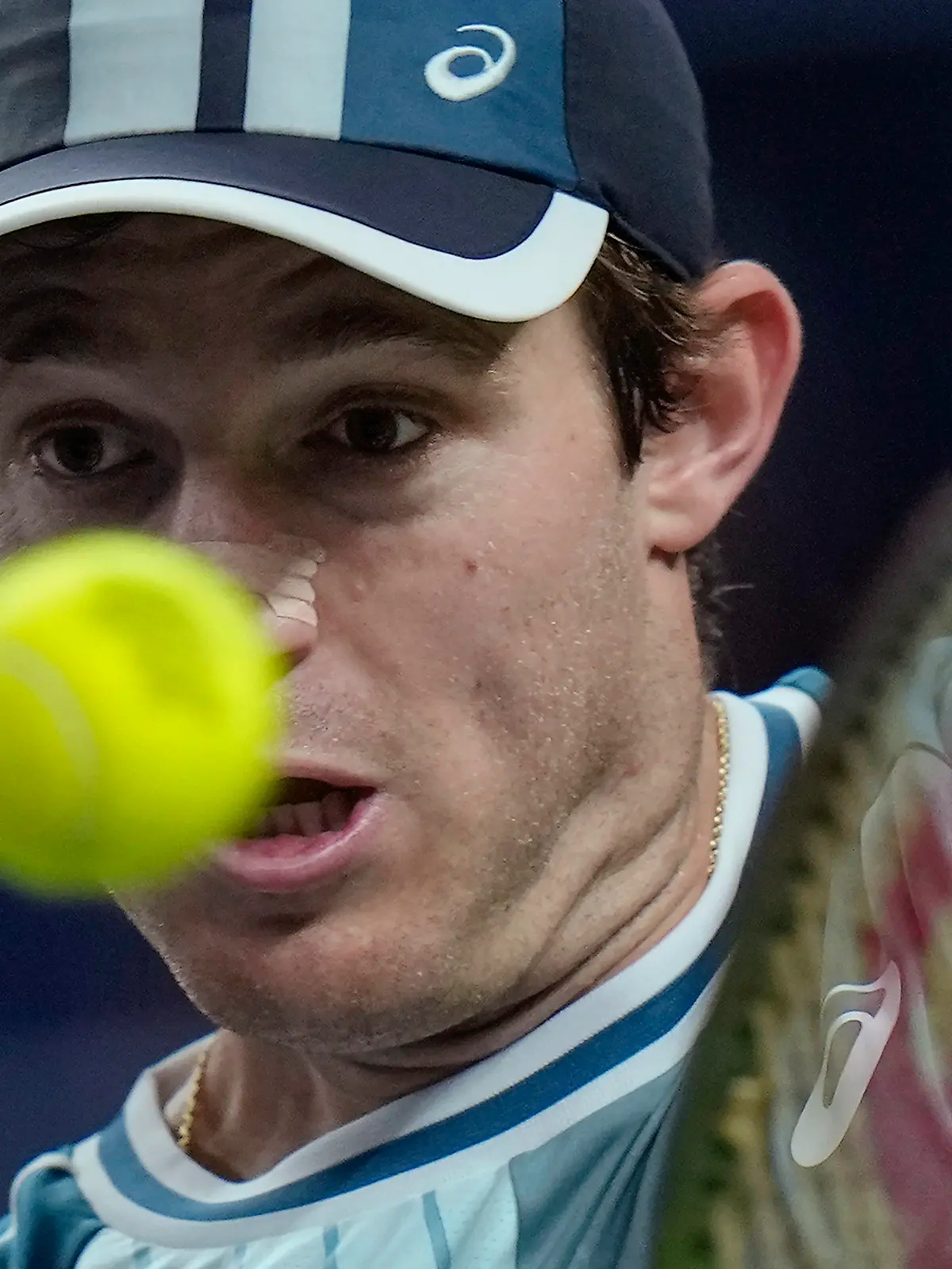 Nicolas Jarry of Chile returns a shot to Grigor Dimitrov of Bulgaria during the men's singles quarterfinal match in the Shanghai Masters tennis tournament at Qizhong Forest Sports City Tennis Center in Shanghai, China, Friday, Oct. 13, 2023. (AP Photo/Andy Wong)