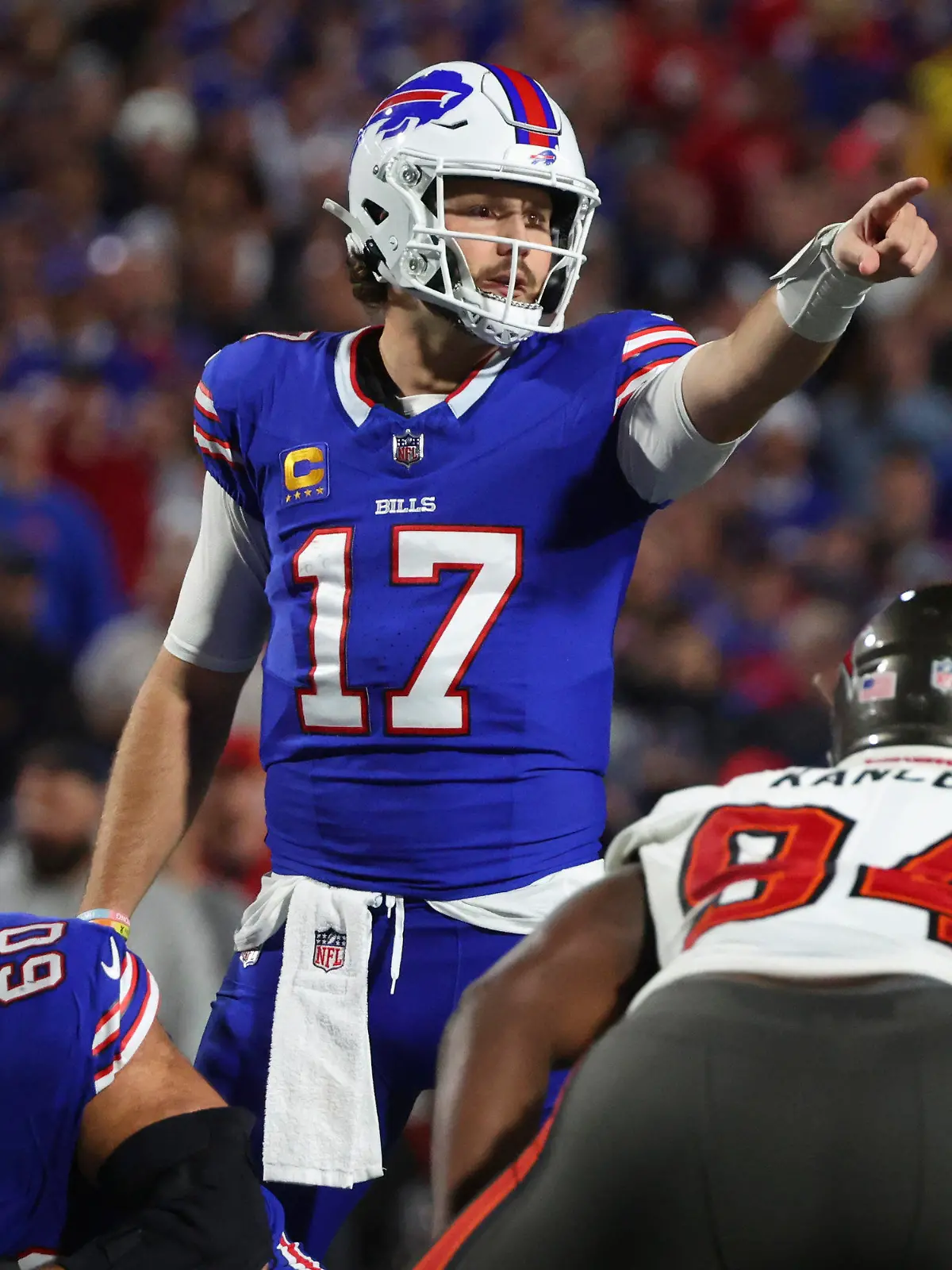 Buffalo Bills quarterback Josh Allen (17) gestures in the first half of an NFL football game against the Tampa Bay Buccaneers, Thursday, Oct. 26, 2023, in Orchard Park, N.Y. (AP Photo/Jeffrey T. Barnes)